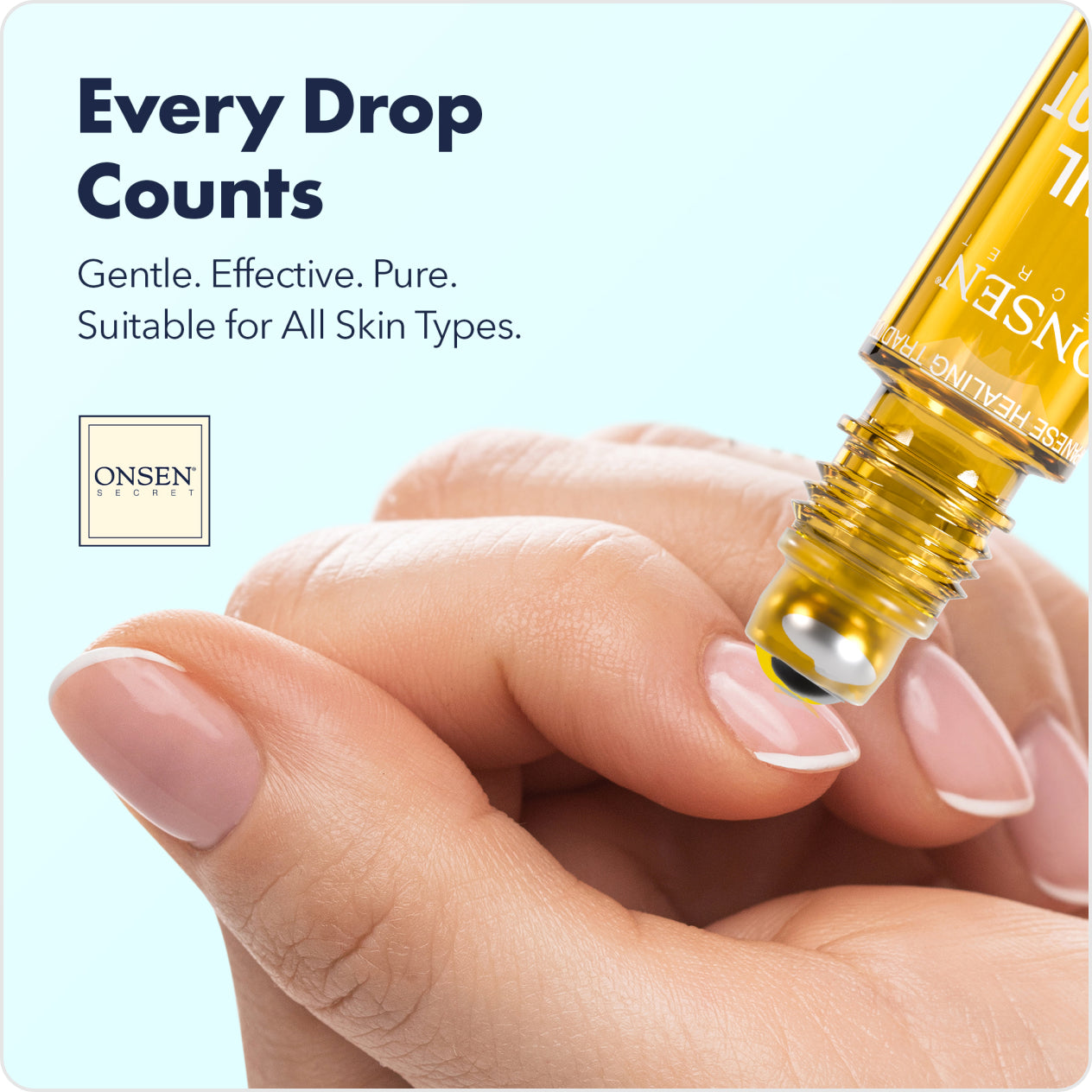 Onsen Skincare dropper bottle with a hand holding it, on a light blue background.