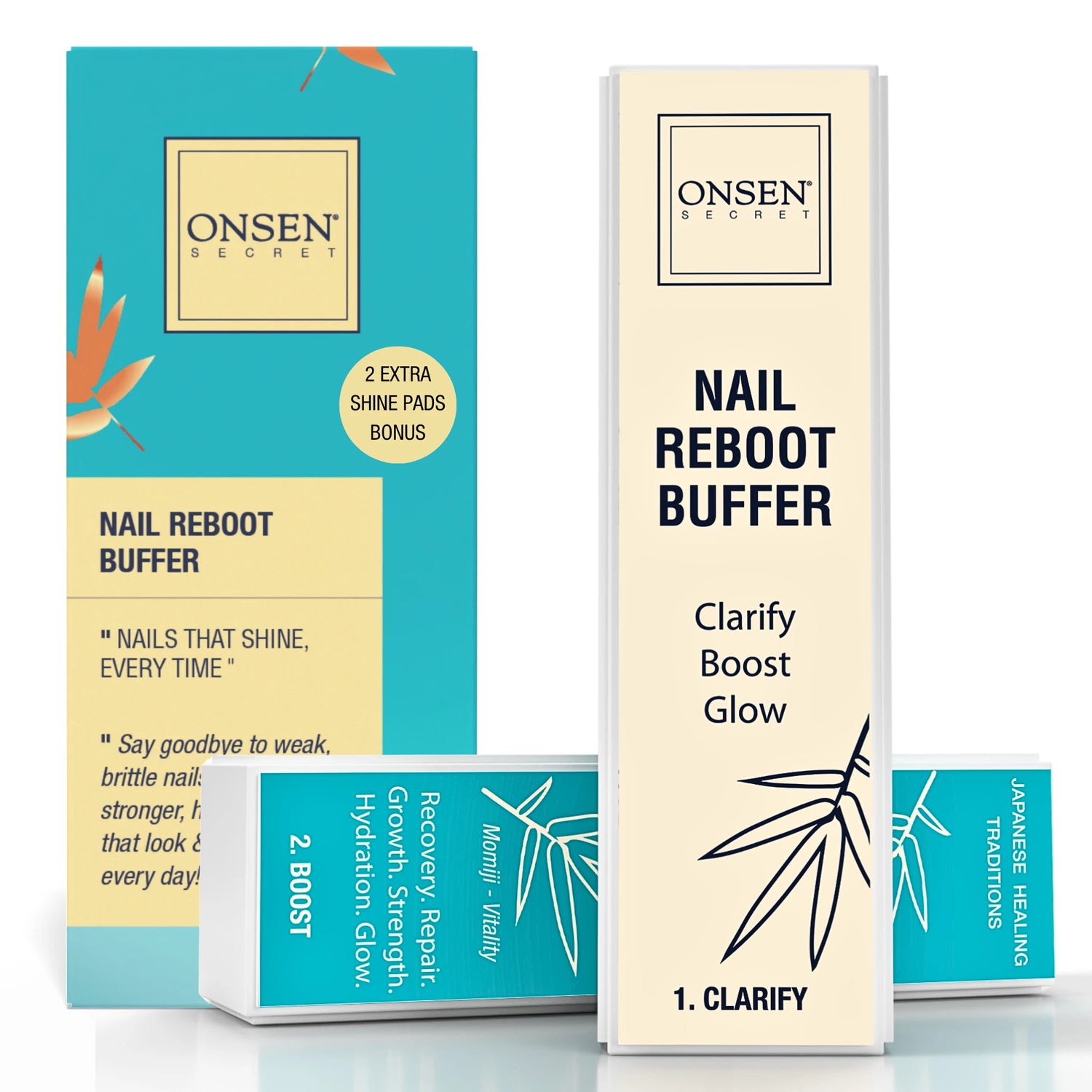 Packaging of Onsen Secret Nail Reboot Buffer with a beige and blue color scheme, featuring the product name and benefits like clarifying and boosting nail glow.