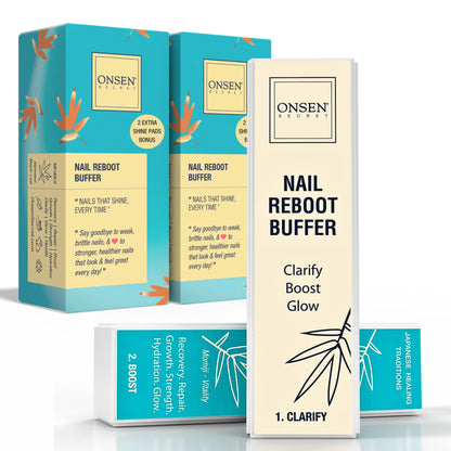 Packaging of Onsen Secret Nail Reboot Buffer with a beige and blue color scheme, featuring the product name and benefits like clarifying and boosting nail glow.