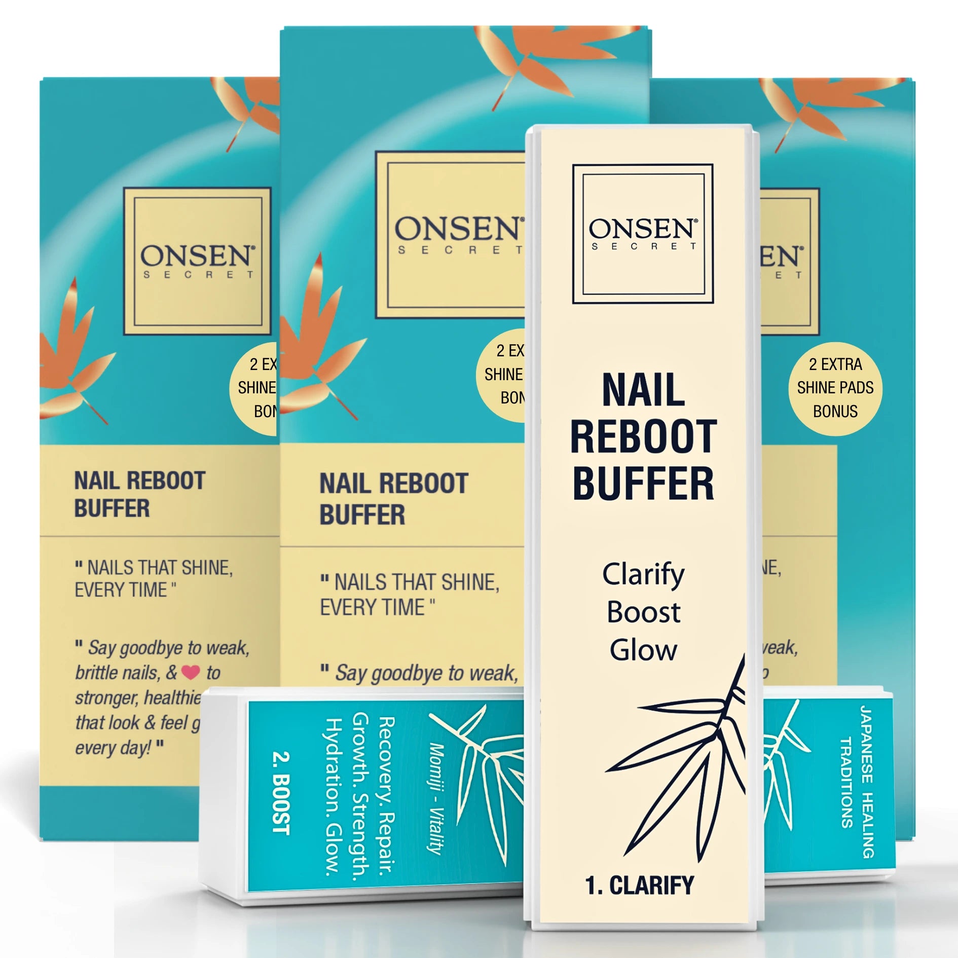 Packaging of Onsen Secret Nail Reboot Buffer with a beige and blue color scheme, featuring the product name and benefits like clarifying and boosting nail glow.