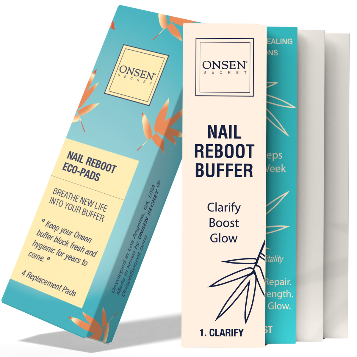 Packaging of Onsen Secret Nail Reboot Eco-Pads with blue and orange design, and a set of nail buffer pads visible.