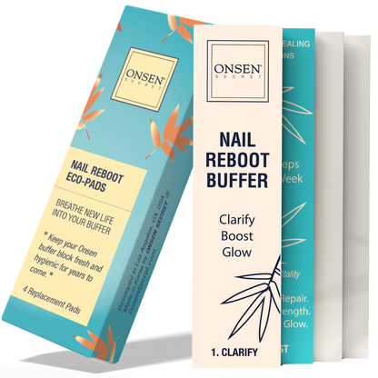Packaging of Onsen Secret Nail Reboot Eco-Pads with blue and orange design, and a set of nail buffer pads visible.
