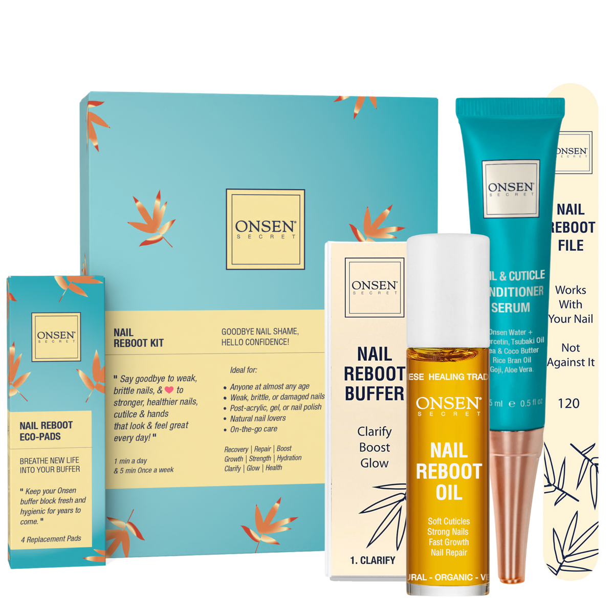 A collection of nail care products from ONSEN, including a nail reboot kit with a blue and white box, a nail &amp; cuticle conditioning serum, nail reboot oil, a buffer block, and a nail file, all laid out on a light background.