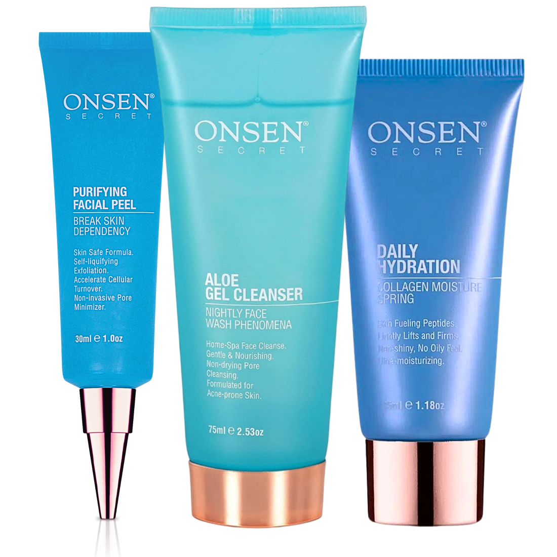 A set of three skin care products from Onsen Secret, including a daily hydration moisturizer, purifying facial peel, and aloe gel cleanser.