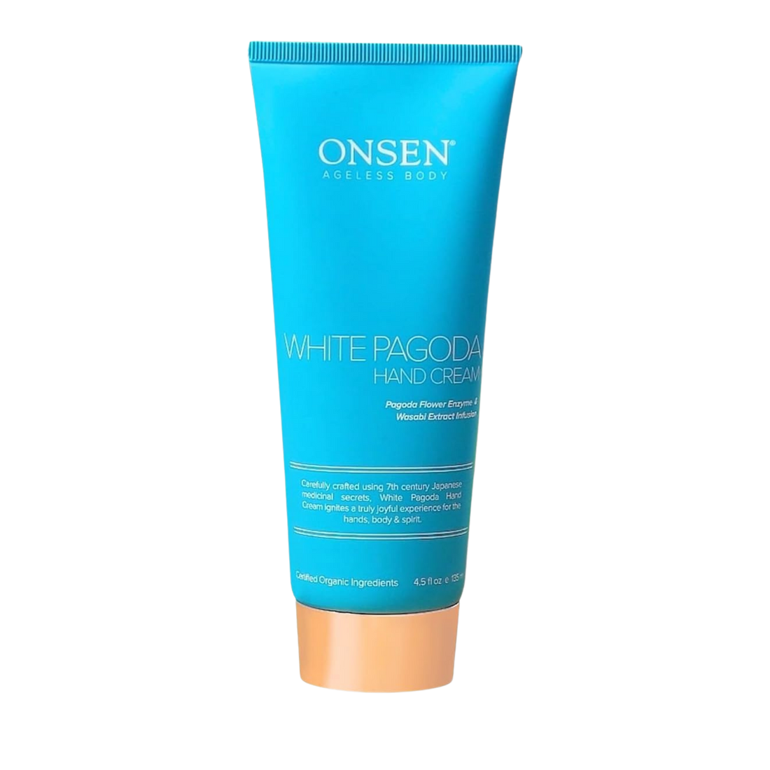 A tube of Onsen brand White Pagoda Hand Cream with blue packaging, displayed against a yellow background.