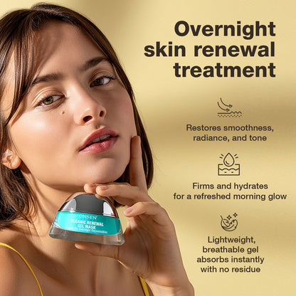 Woman applying skincare product with text about overnight skin renewal treatment