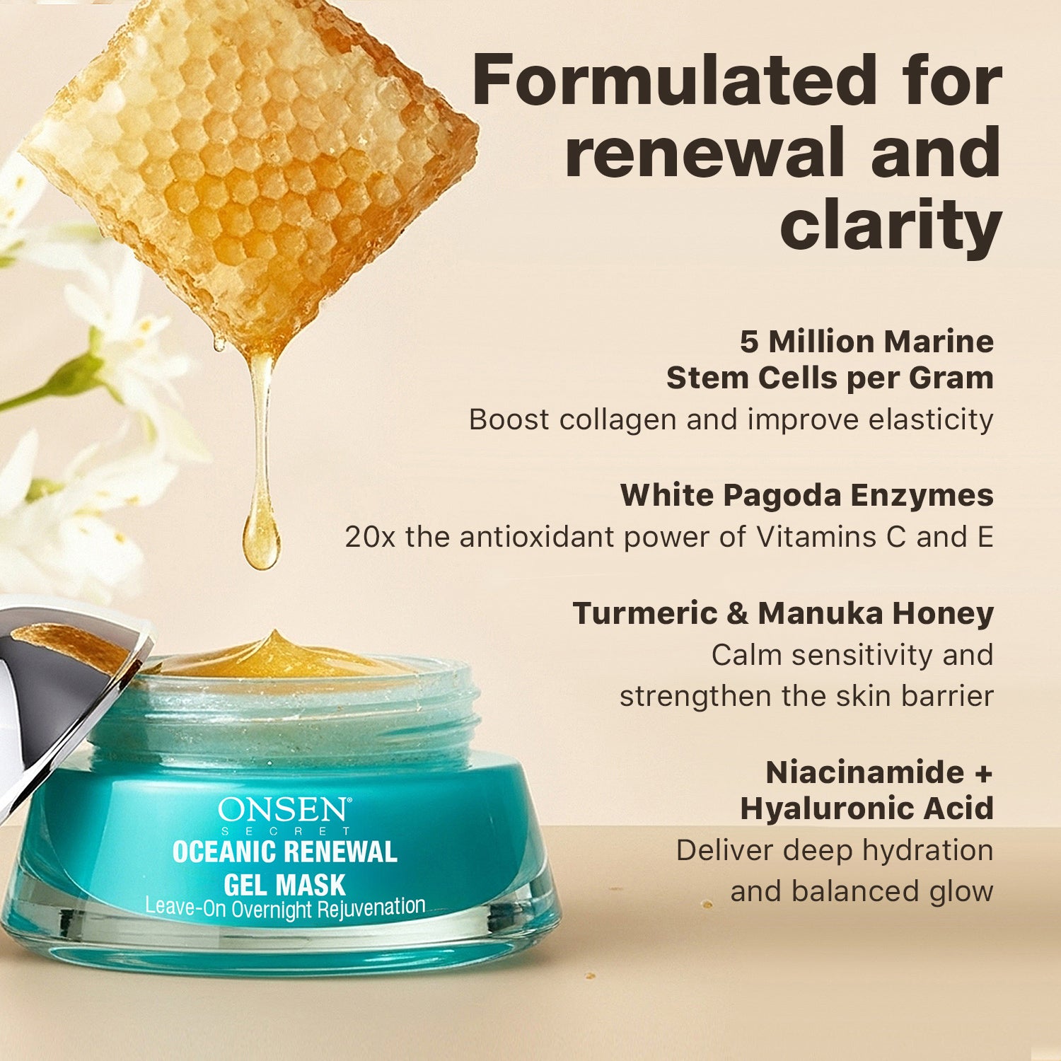 Onsen Oceanic Renewal Overnight Gel Mask with honey and text about its benefits on a beige background