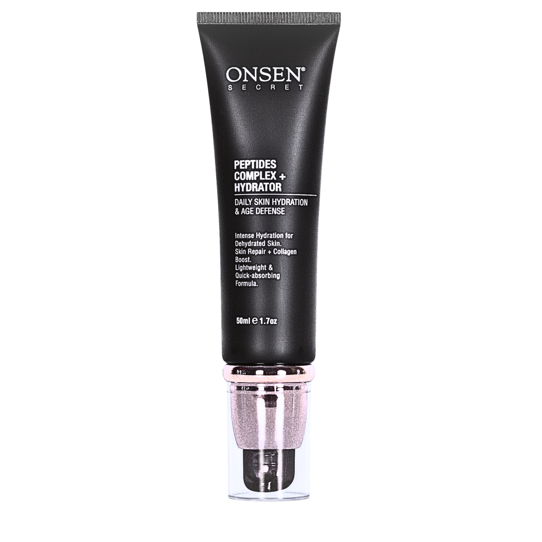 A black tube of ONSEN peptide facial cream with a white and pink cap, designed for skin care. 