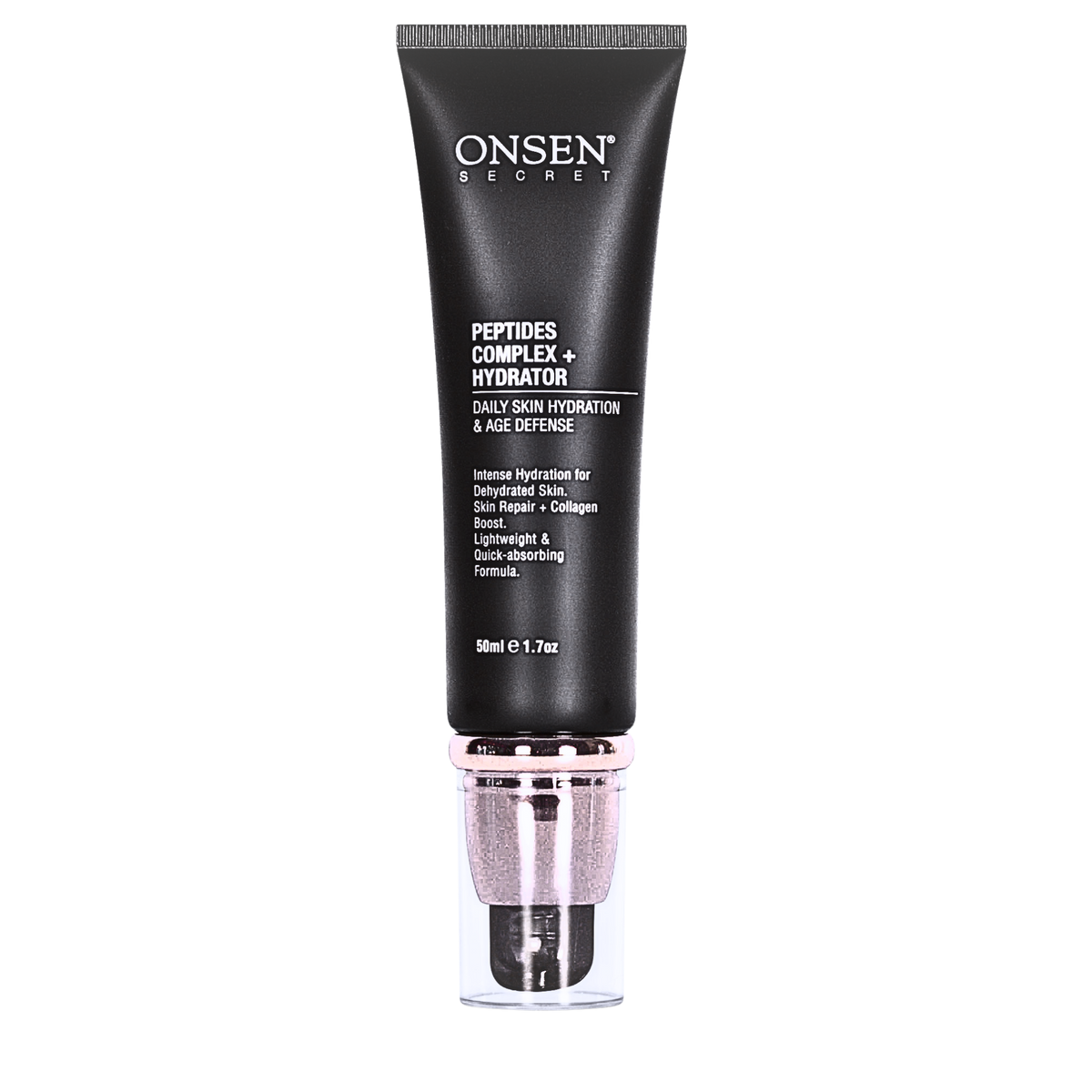A black tube of ONSEN peptide facial cream with a white and pink cap, designed for skin care. 