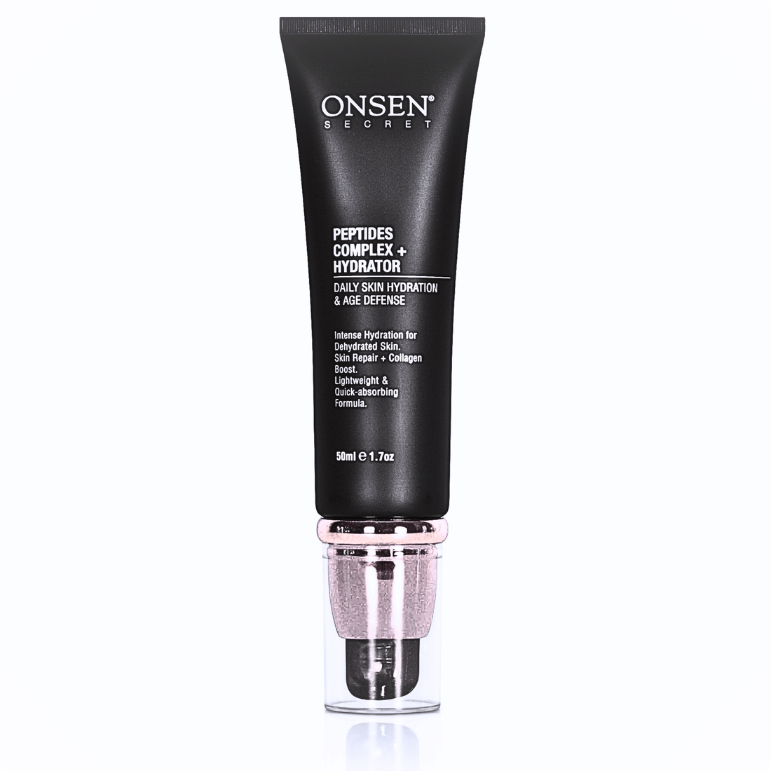 A black tube of ONSEN peptide facial cream with a white and pink cap, designed for skin care. 