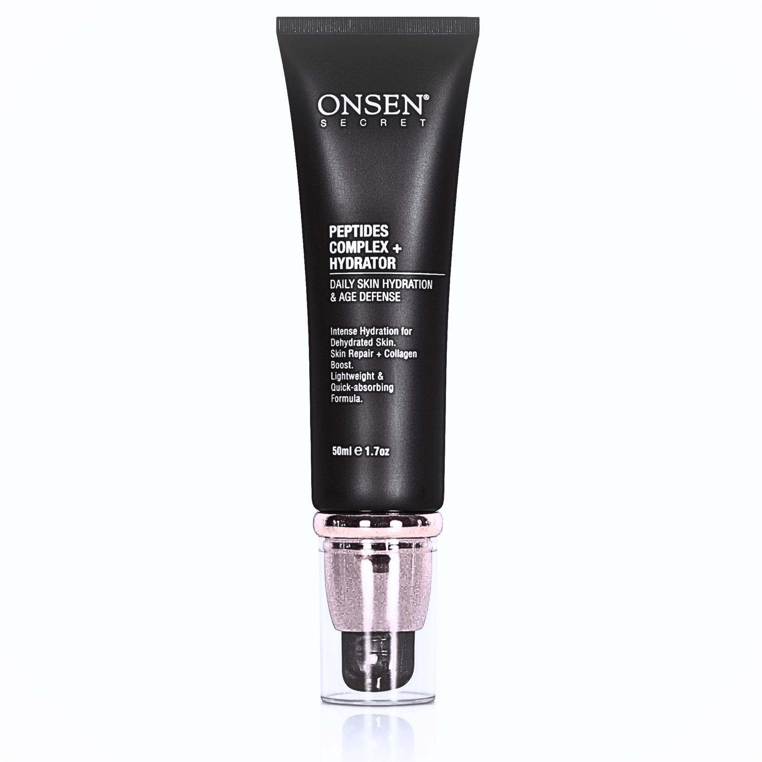 A black tube of ONSEN peptide facial cream with a white and pink cap, designed for skin care. 