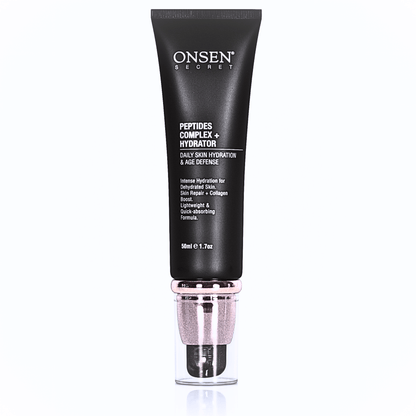 A black tube of ONSEN peptide facial cream with a white and pink cap, designed for skin care. 