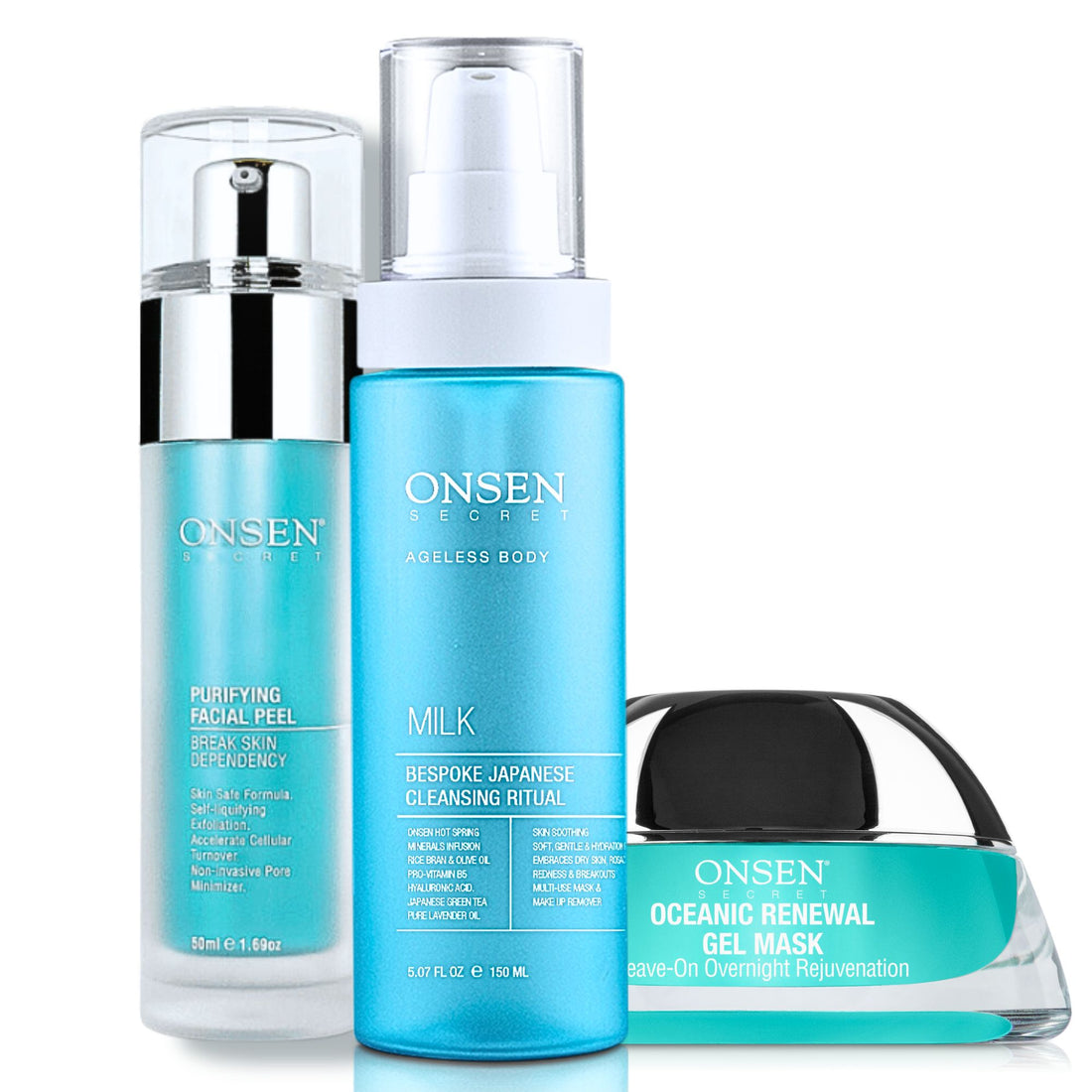A skincare set including a pump bottle labeled &