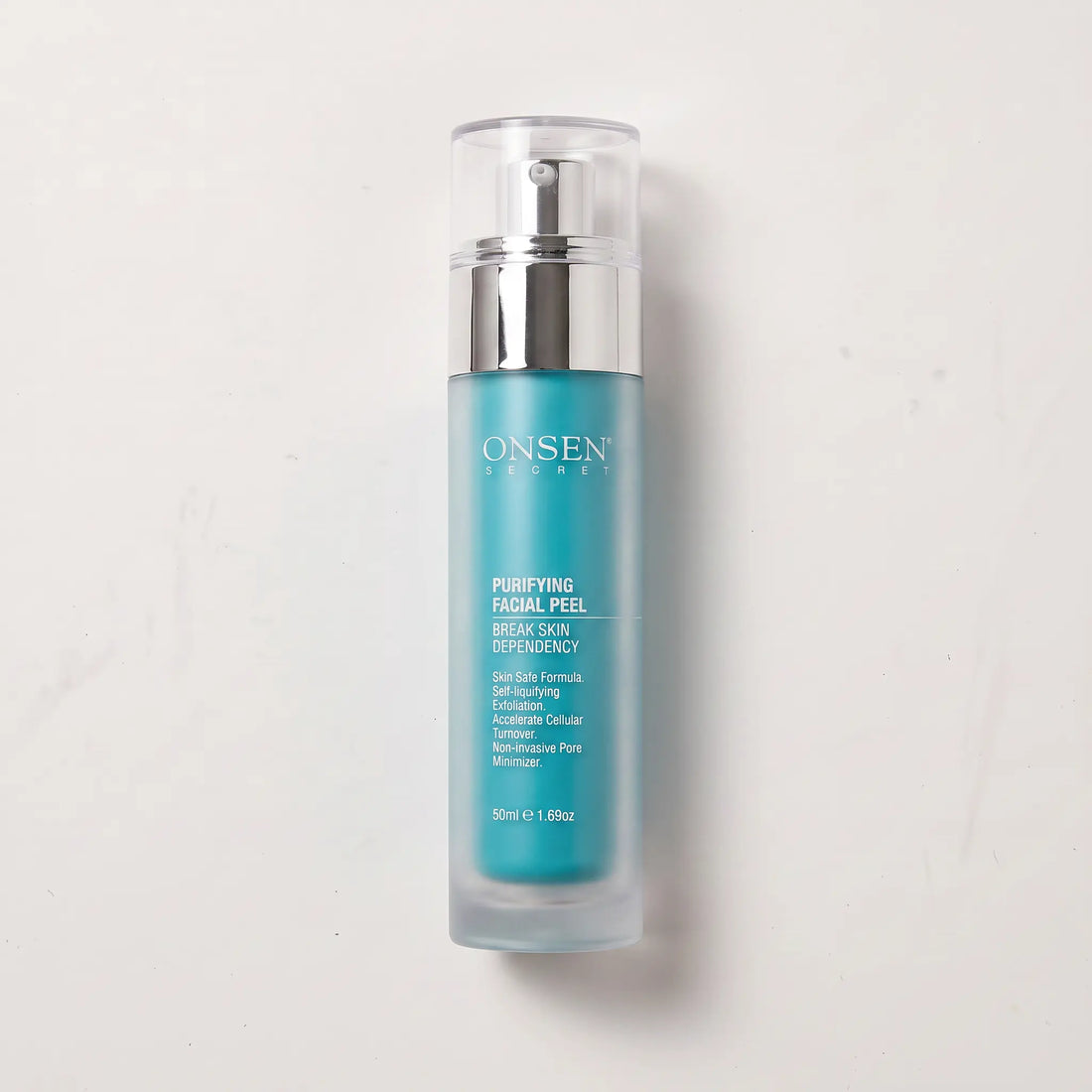 Onsen Secret Purifying Facial Peel, 50ml exfoliating skincare bottle with pump dispenser for gentle pore minimizer and cellular turnover.