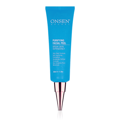 A blue tube of Onsen Purifying Facial Peel with product information and branding visible.