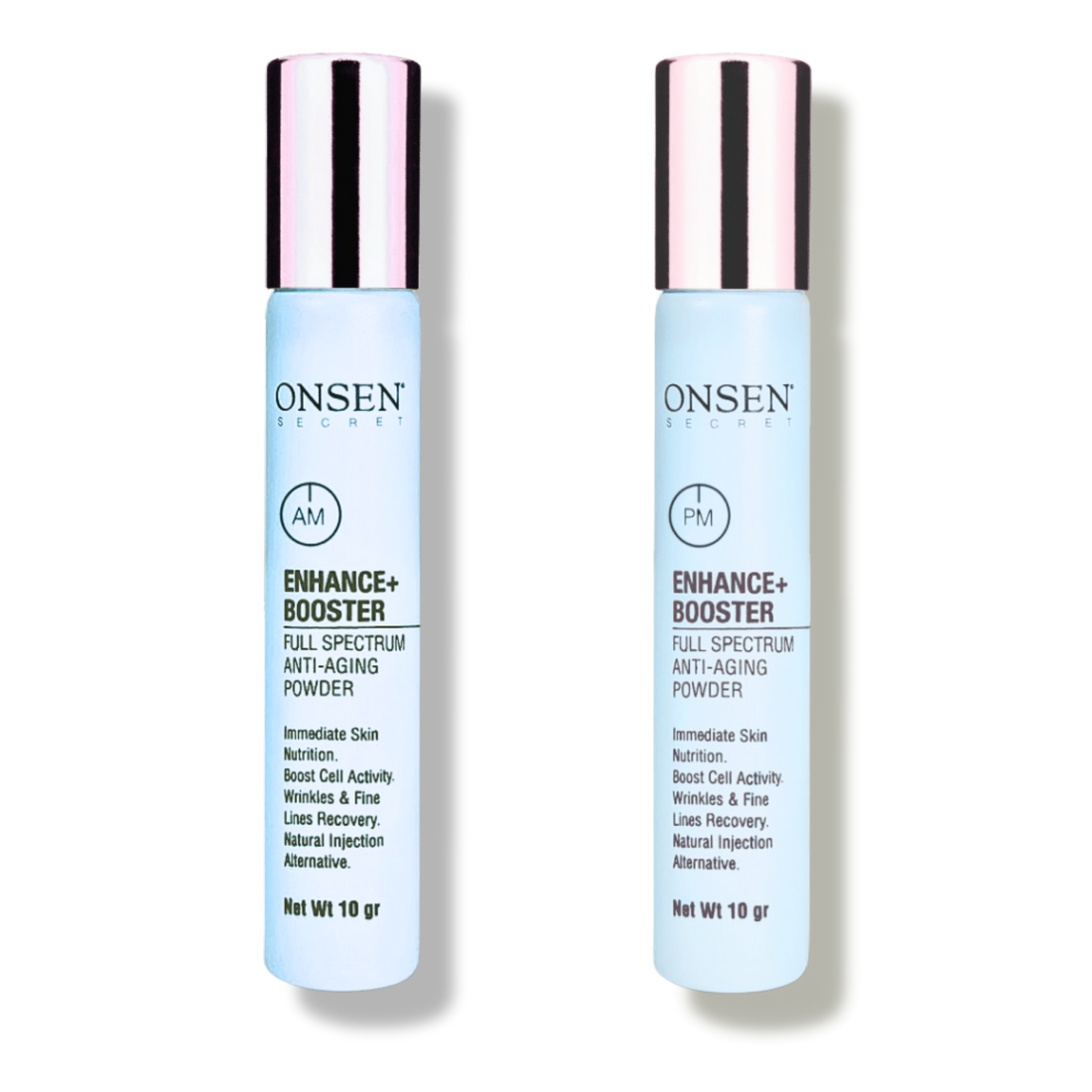 Two bottles of Enhance+ Booster serum against a yellow background, with branding and product information displayed on the labels. Anti-aging powder 