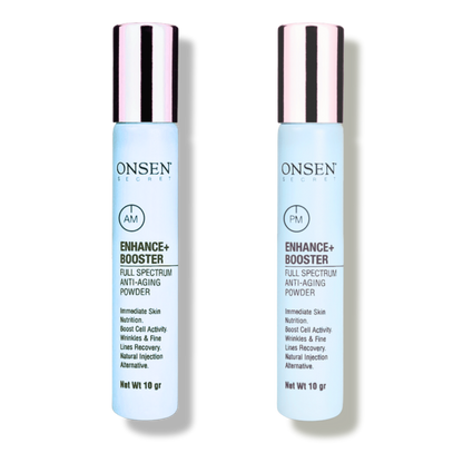 Two bottles of Enhance+ Booster serum against a yellow background, with branding and product information displayed on the labels. Anti-aging powder 