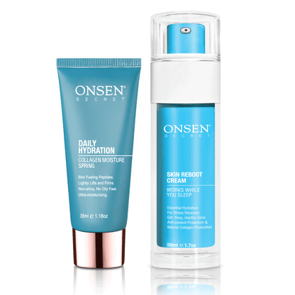 Two skincare products, Daily Hydration Moisturizer and Skin Reboot Cream, from the brand ONSEN, designed for skin hydration and rejuvenation.