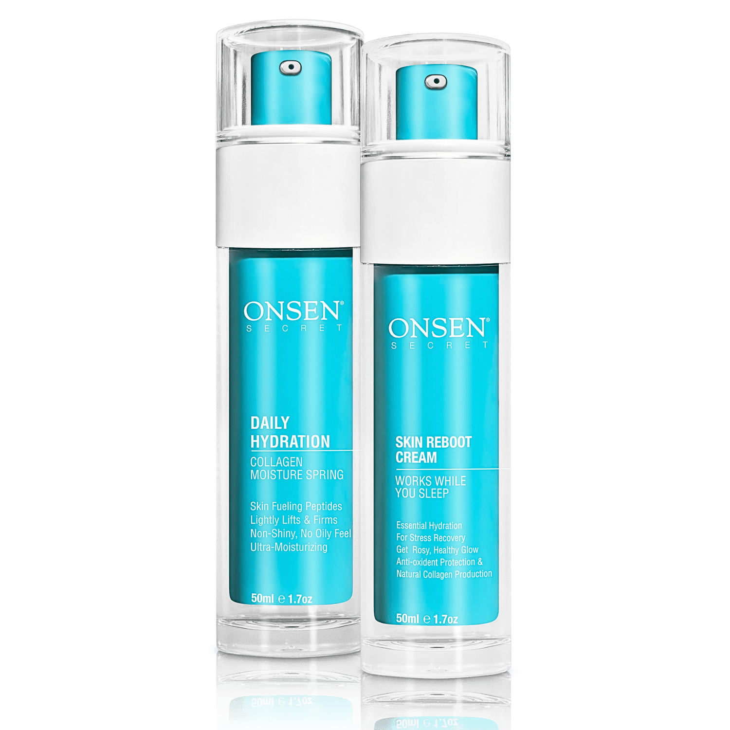 Two skincare products, Daily Hydration Moisturizer and Skin Reboot Cream, from the brand ONSEN, designed for skin hydration and rejuvenation.