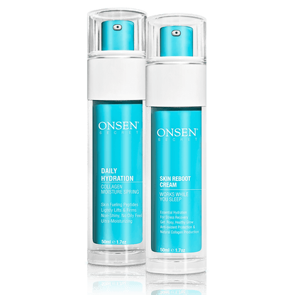 Two skincare products, Daily Hydration Moisturizer and Skin Reboot Cream, from the brand ONSEN, designed for skin hydration and rejuvenation.