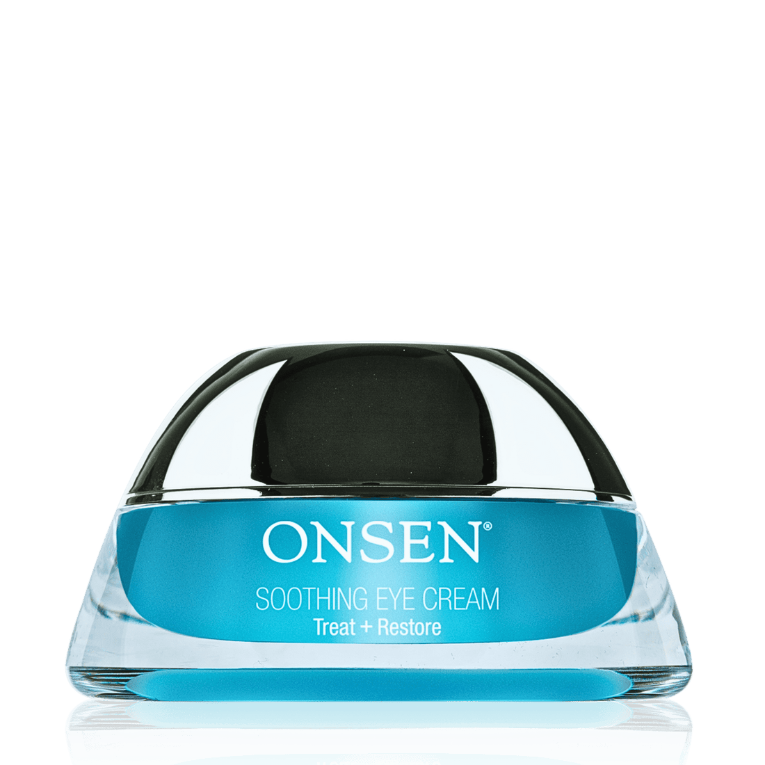 A jar of ONSEN Soothing Eye Cream with a blue label, reflective surface, and the text &