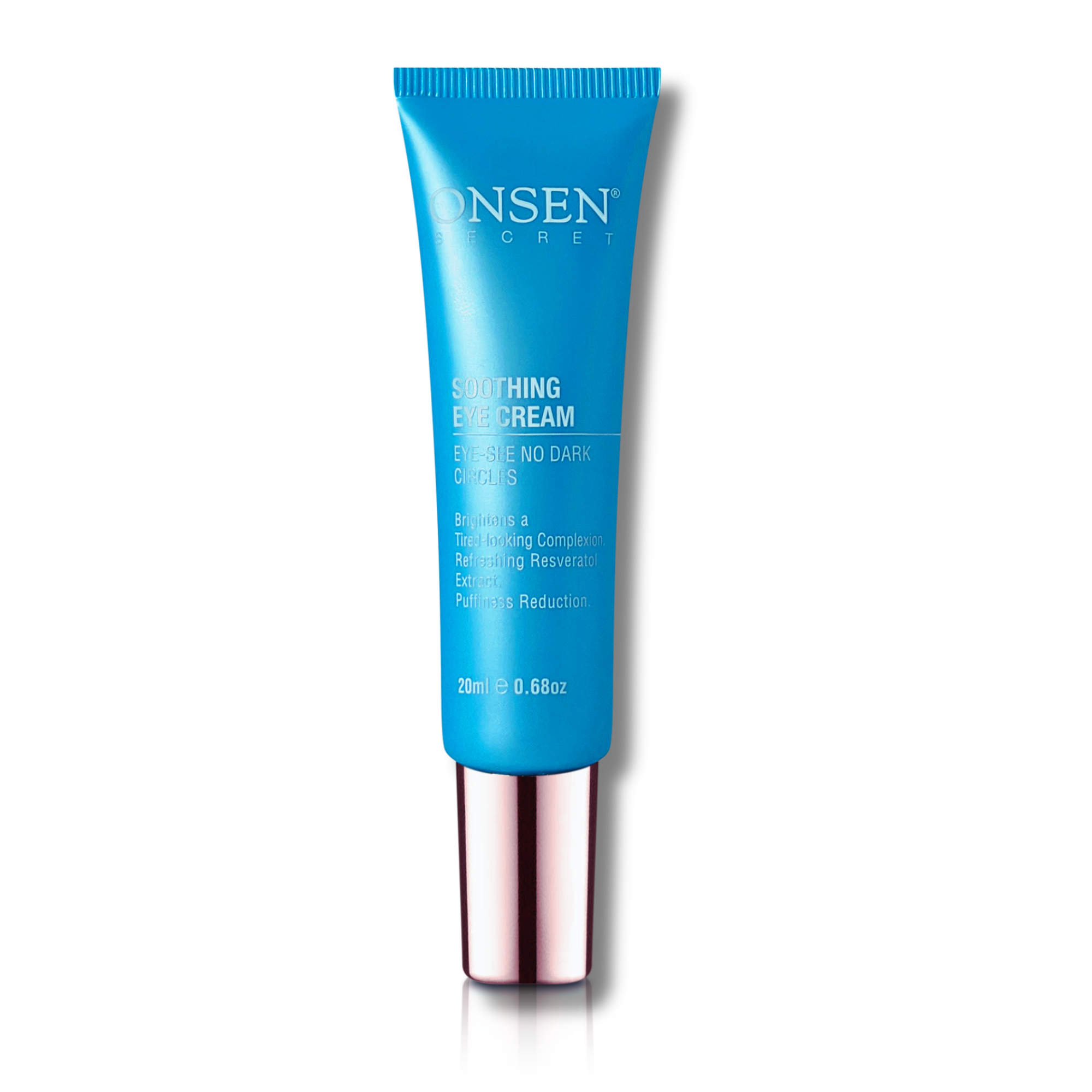 A jar of ONSEN Soothing Eye Cream with a blue label, reflective surface, and the text &
