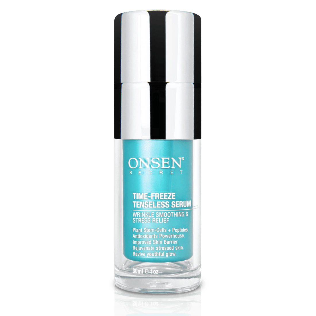 A bottle of Onsen Time-Freeze Tenseless Serum with blue and white labeling, designed for skincare.