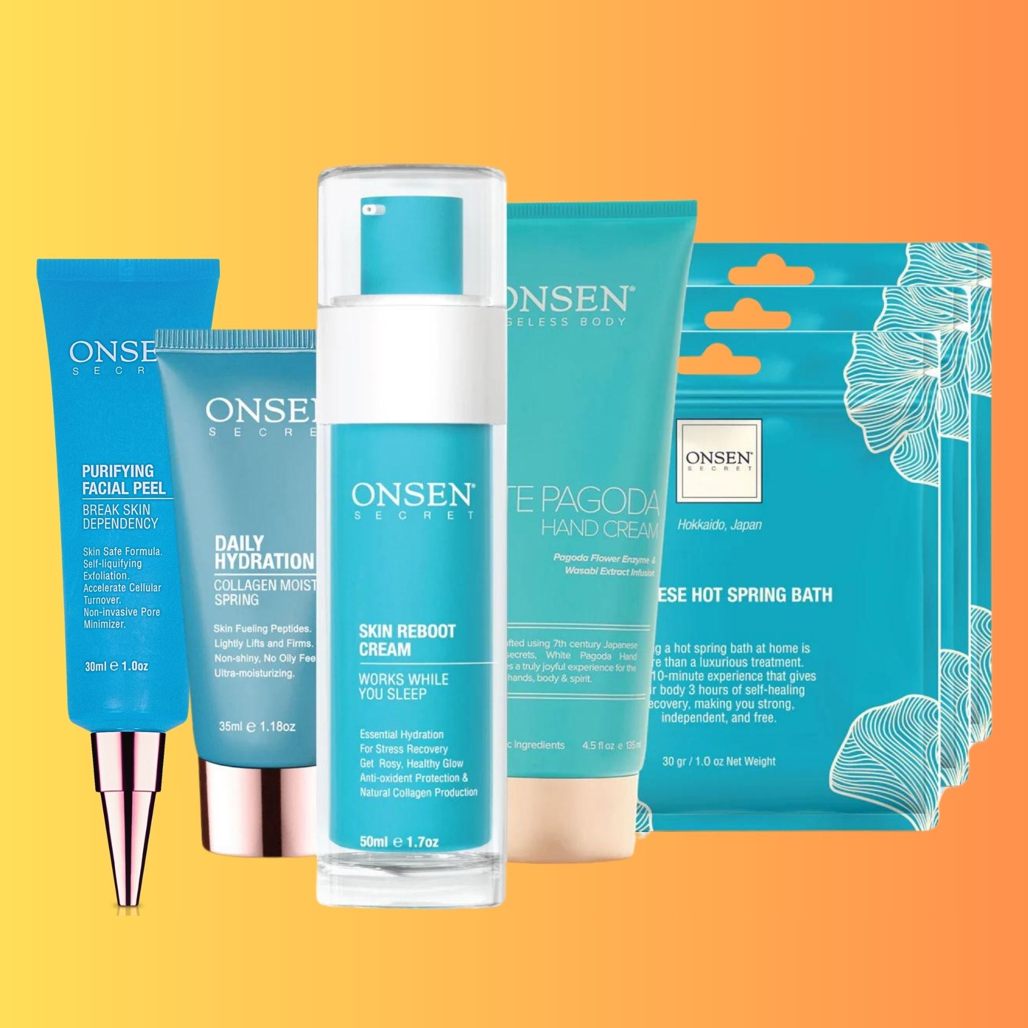 A collection of skincare products from ONSEN, including a purifying facial peel, daily hydration moisturizer, skin reboot cream, and a hot spring mineral bath. The packaging is primarily in shades of blue and green with a floral motif.