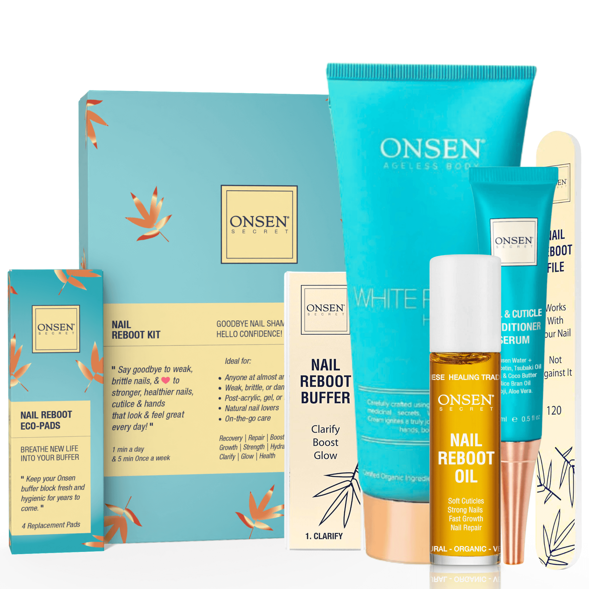 A collection of nail care products from Onsen Secret including a nail &amp; cuticle conditioning serum, nail reboot oil, a 3-way shining buffer block with replacement pads, nail reboot file, and a white pagoda hand cream, all laid out on a light background.