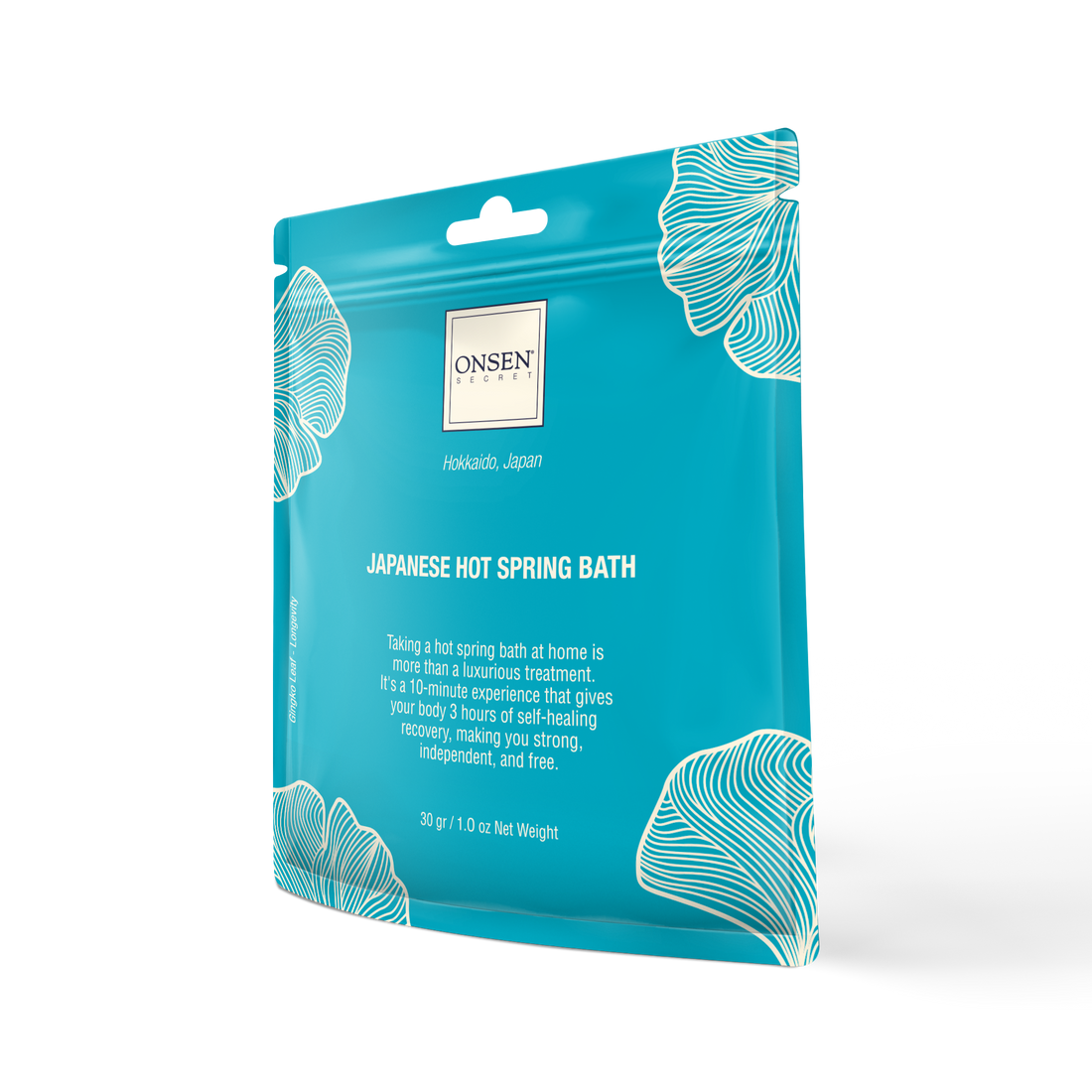 A packaged Onsen Secret Japanese Hot Spring Mineral Bath product in blue packaging with floral patterns.